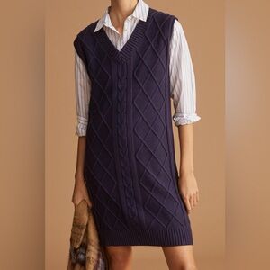 Callahan Cable Knit Sweater Dress Anthropologie Navy Long Vest Mini SZ Medium